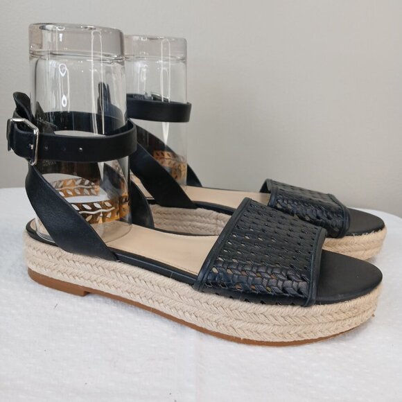 VINCE CAMUTO BLACK BASKETWEAVE ESPARDRILLE ANKLE STRAP PLATFORM SANDAL, SIZE 9 - Picture 6 of 7